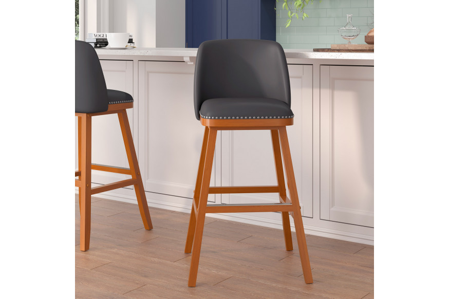 BLNK™ Julia LeatherSoft Transitional Upholstered Bar Stools with Silver Nailhead Trim and Walnut Finish Solid Wood Frames Set of 2 - Gray