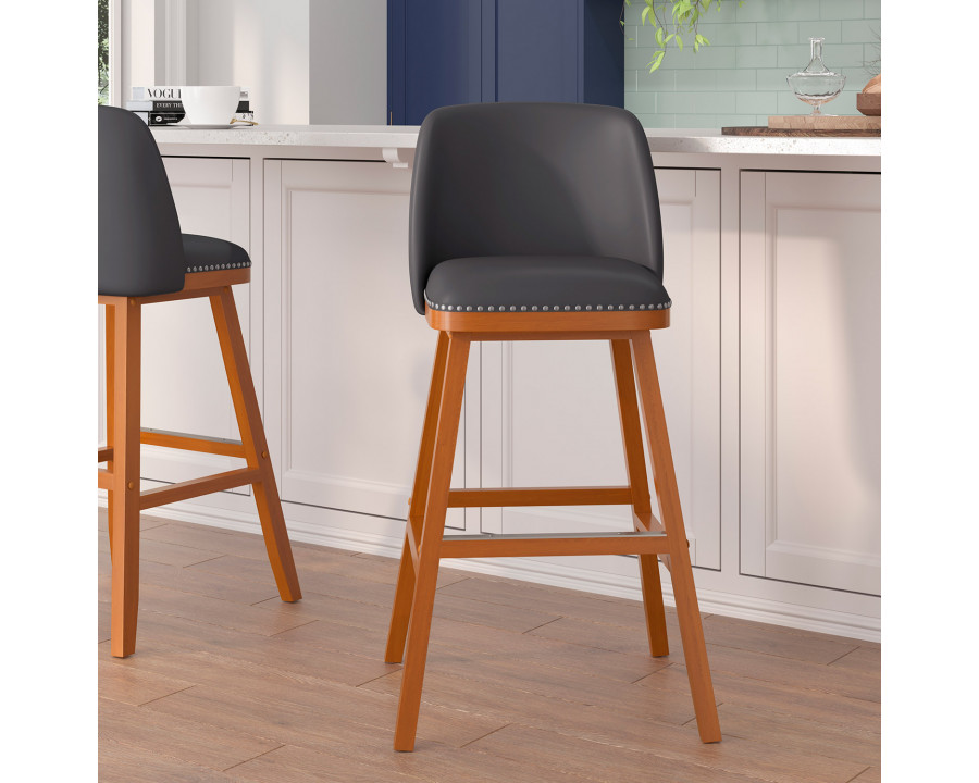 BLNK Julia LeatherSoft Transitional Upholstered Bar Stools with Silver Nailhead Trim and Walnut Finish Solid Wood Frames Set of 2