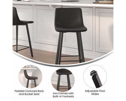 BLNK Caleb Commercial LeatherSoft Armless Counter Height Stools with Footrests with Black Matte Metal Frames Set of 2 - Black