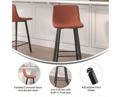 BLNK Caleb Commercial LeatherSoft Armless Counter Height Stools with Footrests with Black Matte Metal Frames Set of 2 - Cognac