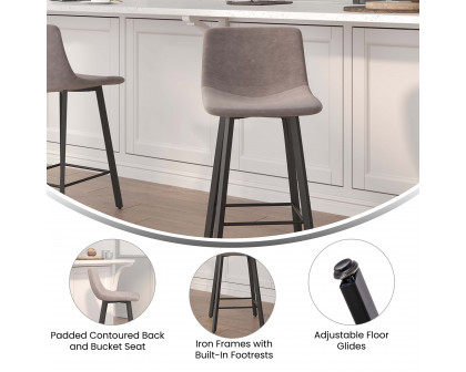 BLNK Caleb Commercial LeatherSoft Armless Counter Height Stools with Footrests with Black Matte Metal Frames Set of 2 - Gray