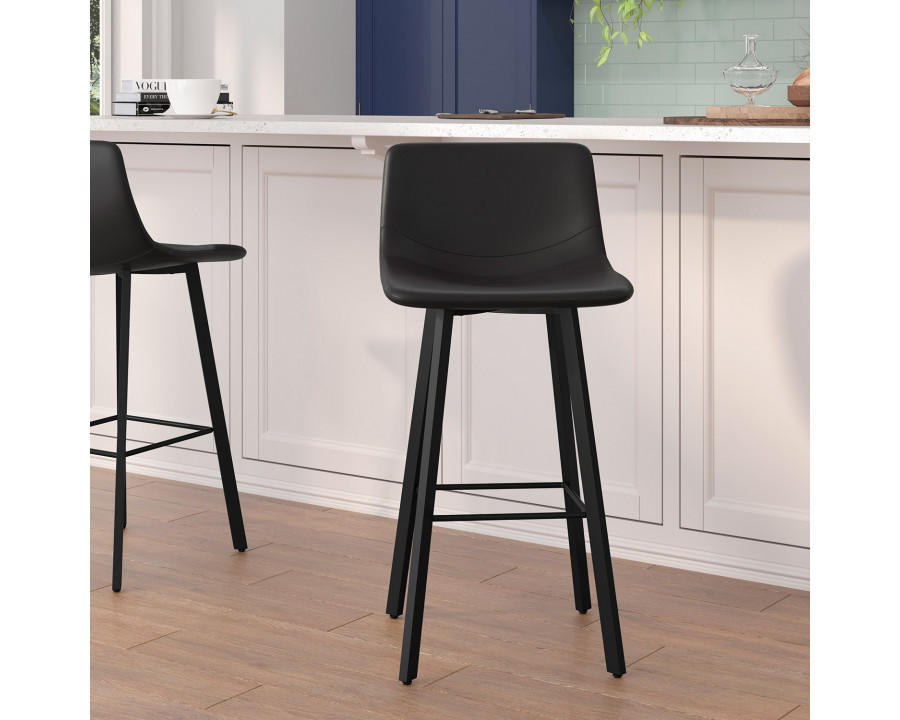 BLNK Caleb LeatherSoft Armless Bar Height Commercial Grade Bar Stools with Footrests and Black Matte Iron Frames Set of 2 - Black