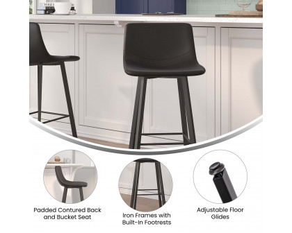 BLNK Caleb LeatherSoft Armless Bar Height Commercial Grade Bar Stools with Footrests and Black Matte Iron Frames Set of 2 - Black