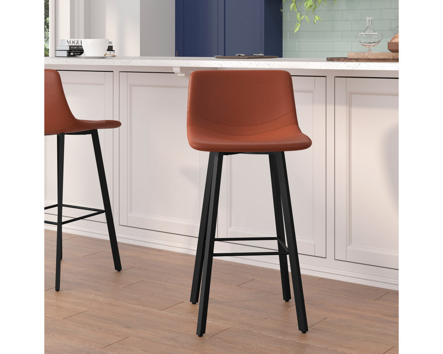 BLNK Caleb LeatherSoft Armless Bar Height Commercial Grade Bar Stools with Footrests and Black Matte Iron Frames Set of 2 - Cognac