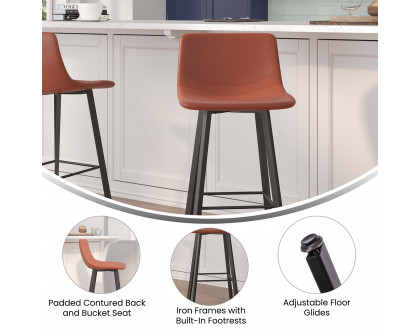 BLNK Caleb LeatherSoft Armless Bar Height Commercial Grade Bar Stools with Footrests and Black Matte Iron Frames Set of 2 - Cognac