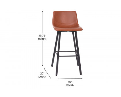 BLNK Caleb LeatherSoft Armless Bar Height Commercial Grade Bar Stools with Footrests and Black Matte Iron Frames Set of 2 - Cognac