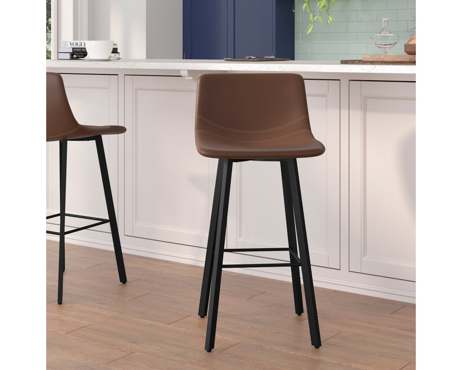 BLNK Caleb LeatherSoft Armless Bar Height Commercial Grade Bar Stools with Footrests and Black Matte Iron Frames Set of 2 - Chocolate Brown