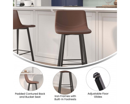 BLNK Caleb LeatherSoft Armless Bar Height Commercial Grade Bar Stools with Footrests and Black Matte Iron Frames Set of 2 - Chocolate Brown