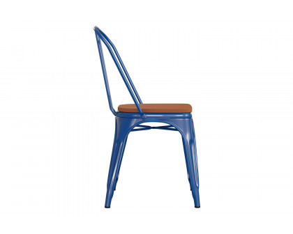 BLNK Perry Commercial Metal Indoor-Outdoor Stackable Chair with Poly Resin Wood Seat - Blue/Teak