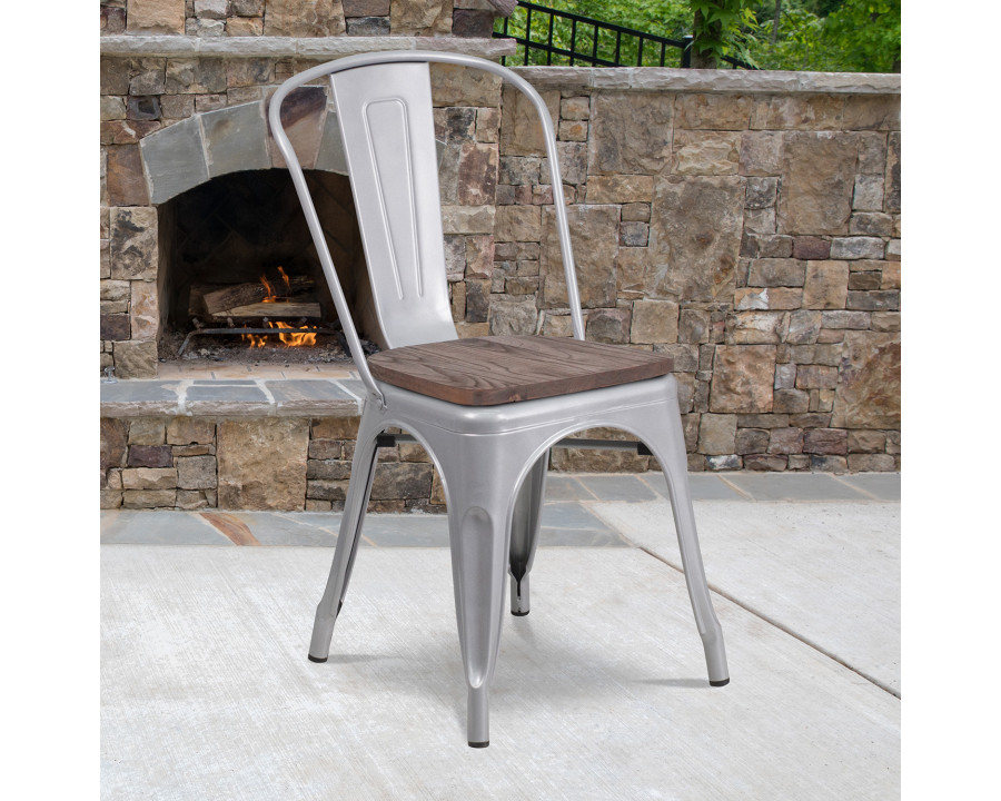 BLNK Perry Metal Stackable Chair with Wood Seat - Silver