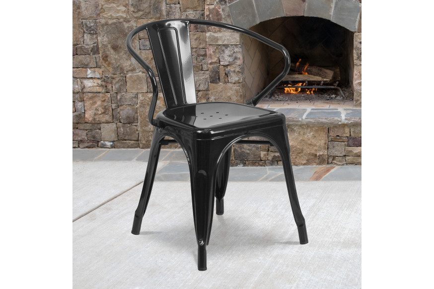 BLNK™ Luna Commercial Metal Indoor-Outdoor Chair with Arms - Black