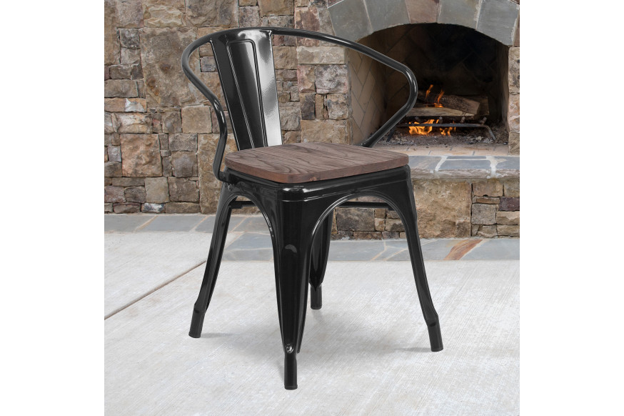 BLNK™ Luna Metal Chair with Wood Seat and Arms - Black