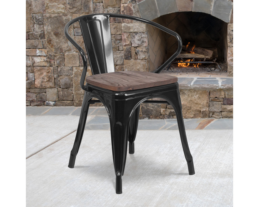 BLNK Luna Metal Chair with Wood Seat and Arms - Black