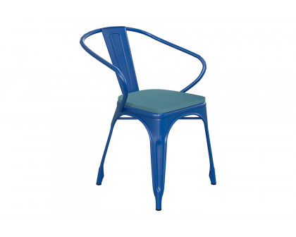 BLNK Luna Commercial Metal Indoor-Outdoor Chair with Arms with Teal-Blue Poly Resin Wood Seat