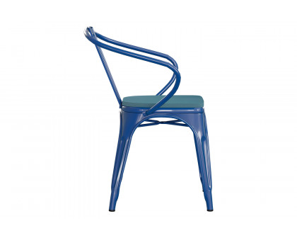 BLNK Luna Commercial Metal Indoor-Outdoor Chair with Arms with Teal-Blue Poly Resin Wood Seat