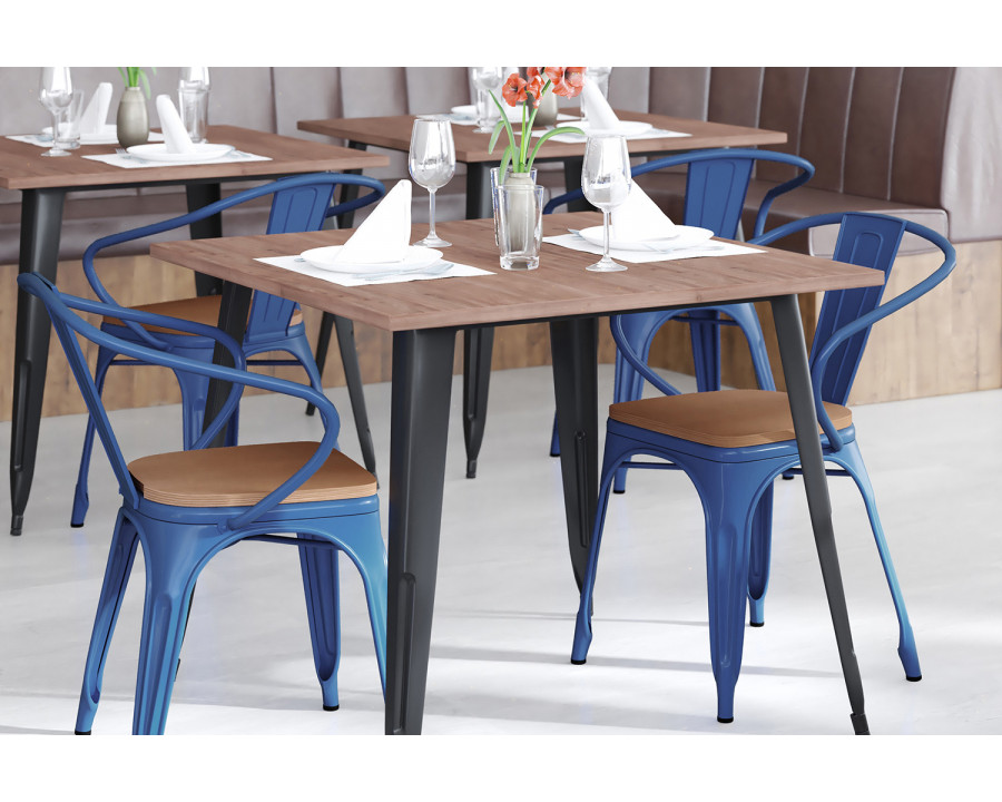 BLNK Luna Commercial Metal Indoor-Outdoor Chair with Arms with Teak Poly Resin Wood Seat - Blue