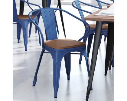 BLNK Luna Commercial Metal Indoor-Outdoor Chair with Arms with Teak Poly Resin Wood Seat - Blue