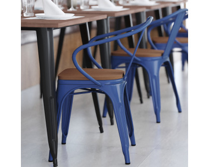 BLNK Luna Commercial Metal Indoor-Outdoor Chair with Arms with Teak Poly Resin Wood Seat - Blue