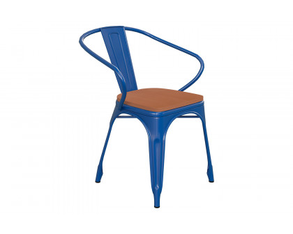 BLNK Luna Commercial Metal Indoor-Outdoor Chair with Arms with Teak Poly Resin Wood Seat - Blue