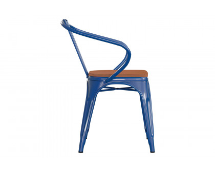 BLNK Luna Commercial Metal Indoor-Outdoor Chair with Arms with Teak Poly Resin Wood Seat - Blue