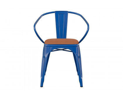 BLNK Luna Commercial Metal Indoor-Outdoor Chair with Arms with Teak Poly Resin Wood Seat - Blue