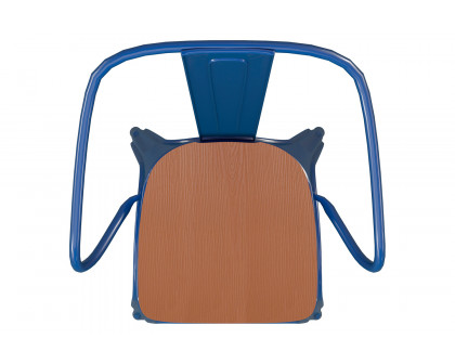 BLNK Luna Commercial Metal Indoor-Outdoor Chair with Arms with Teak Poly Resin Wood Seat - Blue