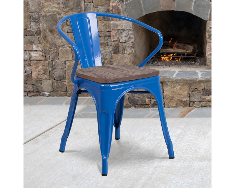 BLNK Luna Metal Chair with Wood Seat and Arms - Blue