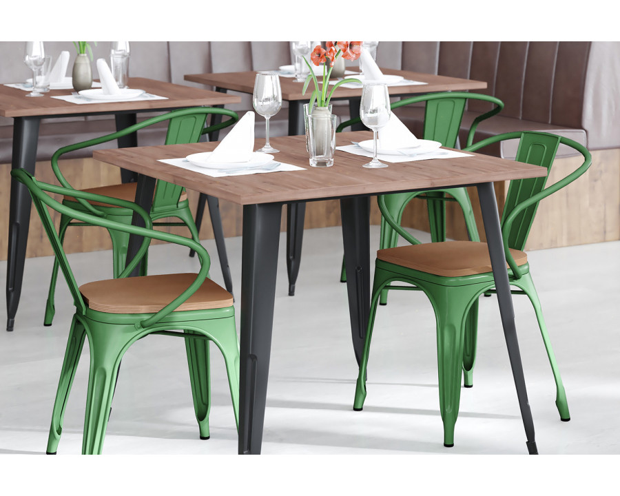 BLNK Luna Commercial Metal Indoor-Outdoor Chair with Arms with Teak Poly Resin Wood Seat - Green