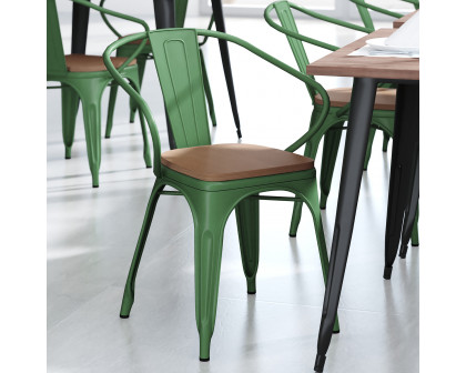 BLNK Luna Commercial Metal Indoor-Outdoor Chair with Arms with Teak Poly Resin Wood Seat - Green