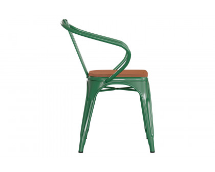 BLNK Luna Commercial Metal Indoor-Outdoor Chair with Arms with Teak Poly Resin Wood Seat - Green