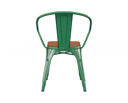 BLNK Luna Commercial Metal Indoor-Outdoor Chair with Arms with Teak Poly Resin Wood Seat - Green