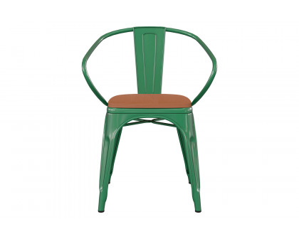 BLNK Luna Commercial Metal Indoor-Outdoor Chair with Arms with Teak Poly Resin Wood Seat - Green