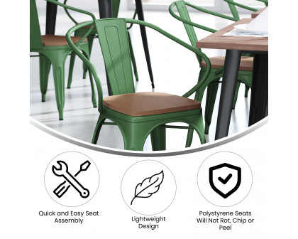 BLNK Luna Commercial Metal Indoor-Outdoor Chair with Arms with Teak Poly Resin Wood Seat - Green