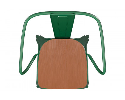 BLNK Luna Commercial Metal Indoor-Outdoor Chair with Arms with Teak Poly Resin Wood Seat - Green