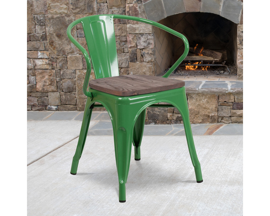 BLNK Luna Metal Chair with Wood Seat and Arms - Green