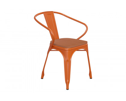 BLNK Luna Commercial Metal Indoor-Outdoor Chair with Arms with Teak Poly Resin Wood Seat - Orange