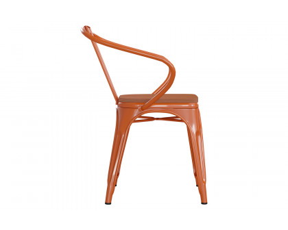 BLNK Luna Commercial Metal Indoor-Outdoor Chair with Arms with Teak Poly Resin Wood Seat - Orange