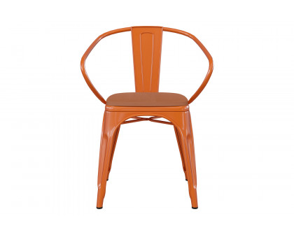 BLNK Luna Commercial Metal Indoor-Outdoor Chair with Arms with Teak Poly Resin Wood Seat - Orange