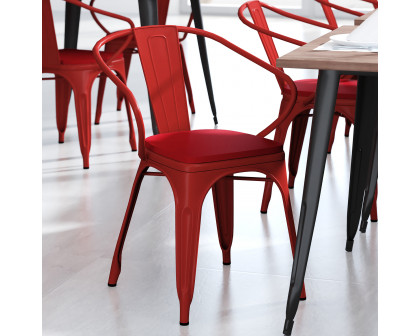 BLNK Luna Commercial Metal Indoor-Outdoor Chair with Arms with Red Poly Resin Wood Seat