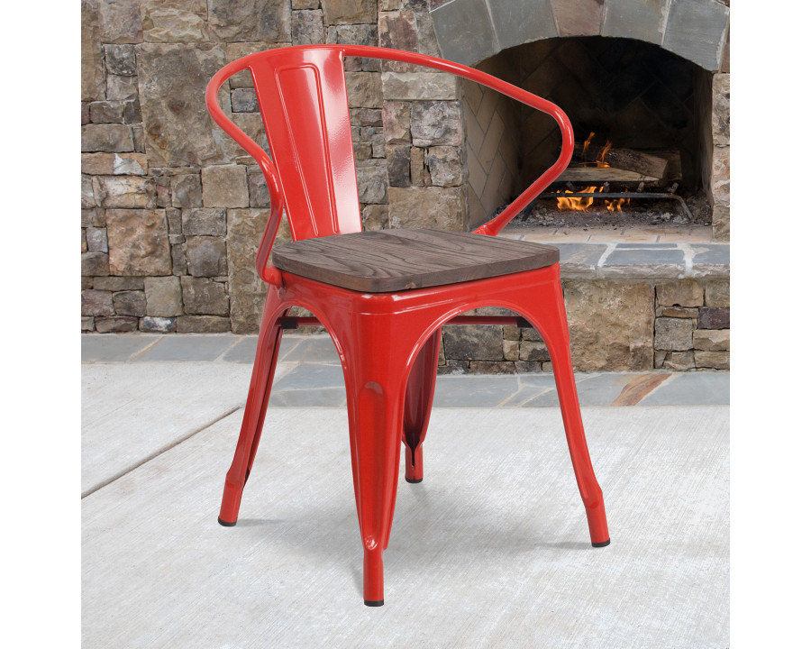 BLNK Luna Metal Chair with Wood Seat and Arms - Red