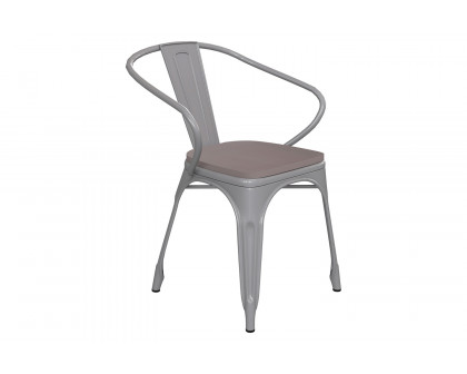 BLNK Luna Commercial Metal Indoor-Outdoor Chair with Arms with Gray Poly Resin Wood Seat - Silver