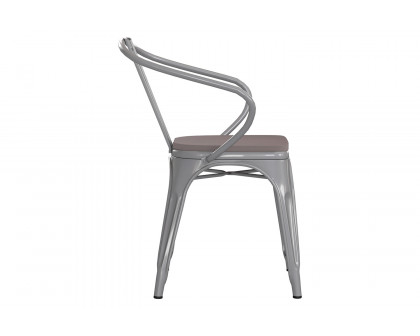 BLNK Luna Commercial Metal Indoor-Outdoor Chair with Arms with Gray Poly Resin Wood Seat - Silver