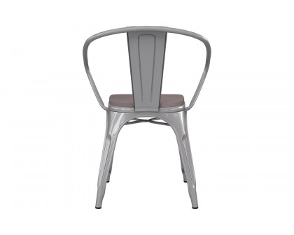 BLNK Luna Commercial Metal Indoor-Outdoor Chair with Arms with Gray Poly Resin Wood Seat - Silver