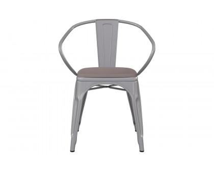 BLNK Luna Commercial Metal Indoor-Outdoor Chair with Arms with Gray Poly Resin Wood Seat - Silver