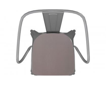 BLNK Luna Commercial Metal Indoor-Outdoor Chair with Arms with Gray Poly Resin Wood Seat - Silver