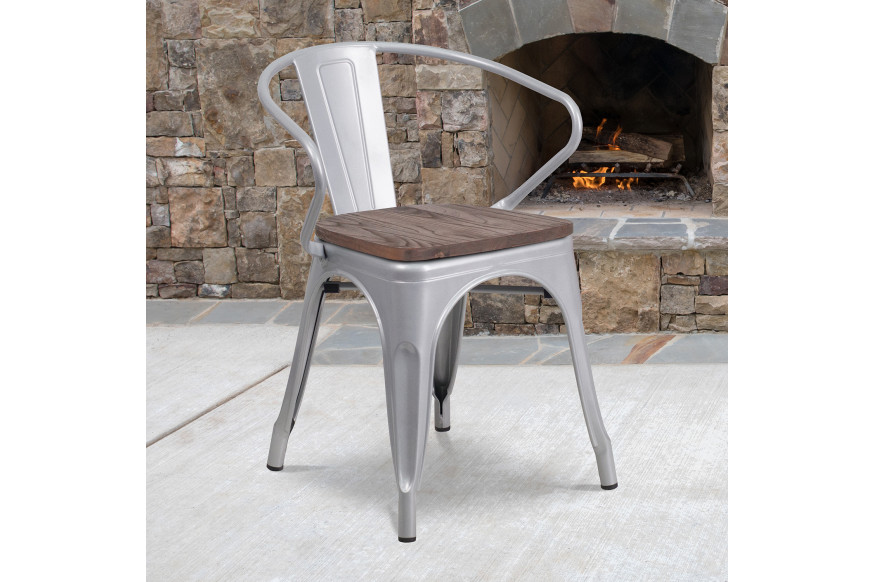 BLNK™ Luna Metal Chair with Wood Seat and Arms - Silver