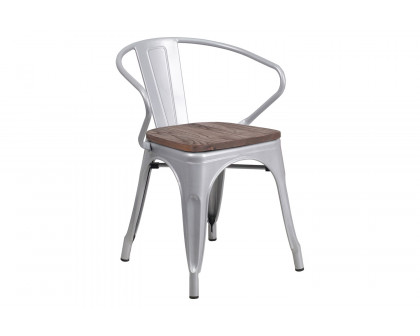 BLNK™ Luna Metal Chair with Wood Seat and Arms - Silver