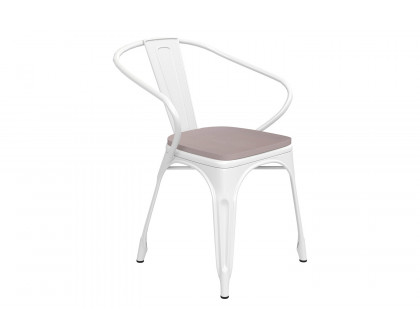 BLNK Luna Commercial Metal Indoor-Outdoor Chair with Arms with Gray Poly Resin Wood Seat - White