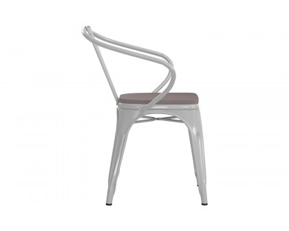 BLNK Luna Commercial Metal Indoor-Outdoor Chair with Arms with Gray Poly Resin Wood Seat - White