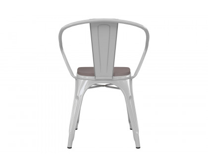 BLNK Luna Commercial Metal Indoor-Outdoor Chair with Arms with Gray Poly Resin Wood Seat - White